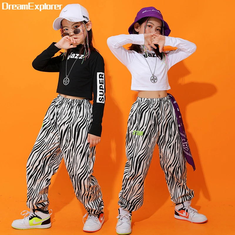 

Hip Hop Girls Jazz Crop Top Joggers 2 Pcs Sets Kids Stripe Sweatshirt Street Dance Pants Clothes Child Cool Stage Teen Costumes