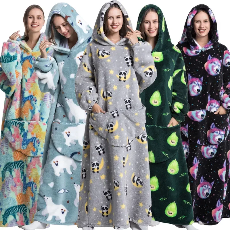 

Extra Long Hoodies Winter Sherpa TV Blanket Plush Fleece Family Matching Outfits Sweatshirts Avocado Dinosaur Homewear Oversized