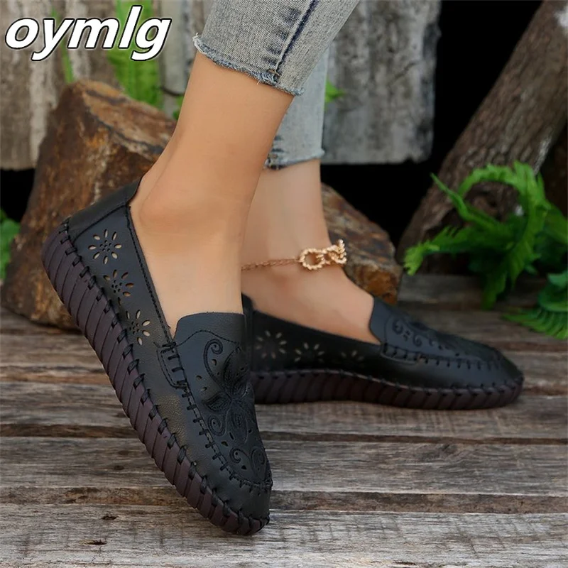 2023 New Hollow Out Flat Bottom Large Size Single Shoes for Women with Ox Rib Sole Small White Shoes Large Size Single Shoes