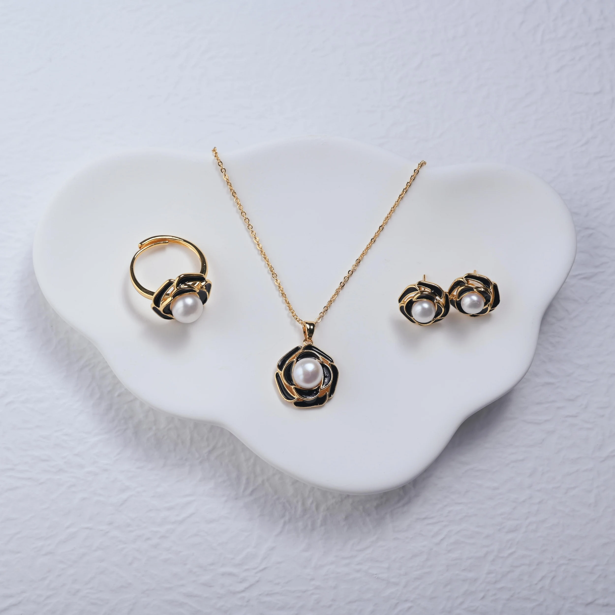 Authentic freshwater pearl necklace pendant earring ring set, natural round 8-9mm camellia flower, young lady daily wear