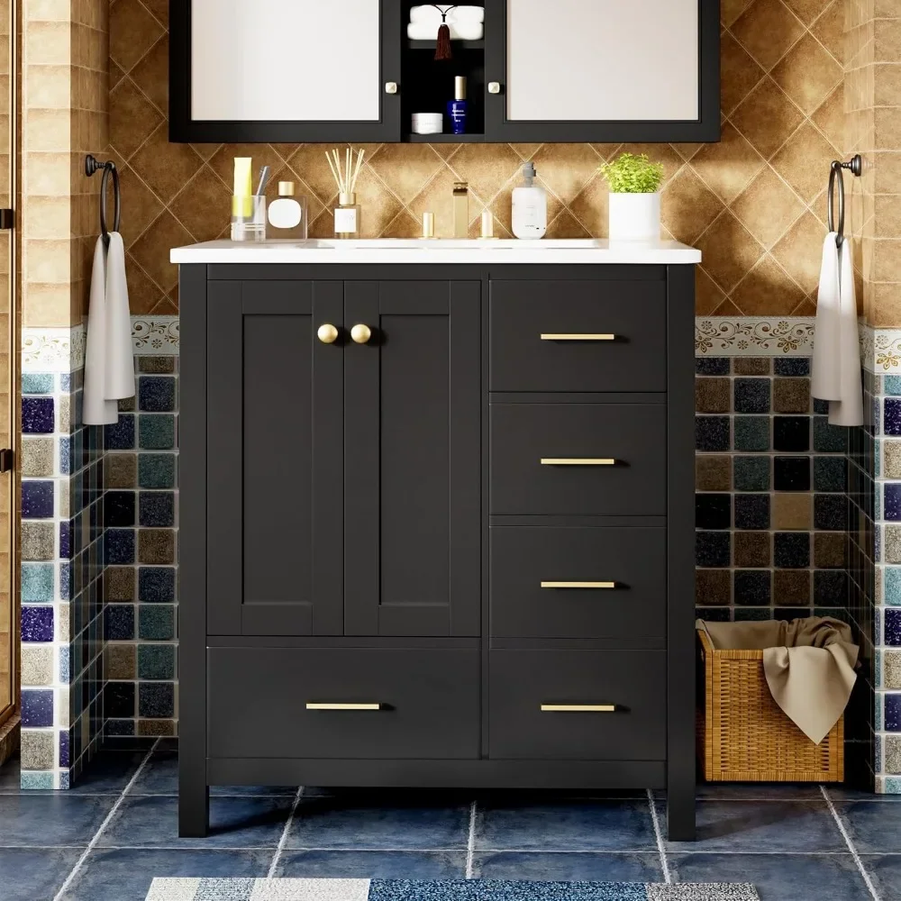 30" Bathroom Vanity , Modern Bathroom Sink Cabinet with 2 Doors and 4 Drawers,  with Undermount Resin Sink, Black 3