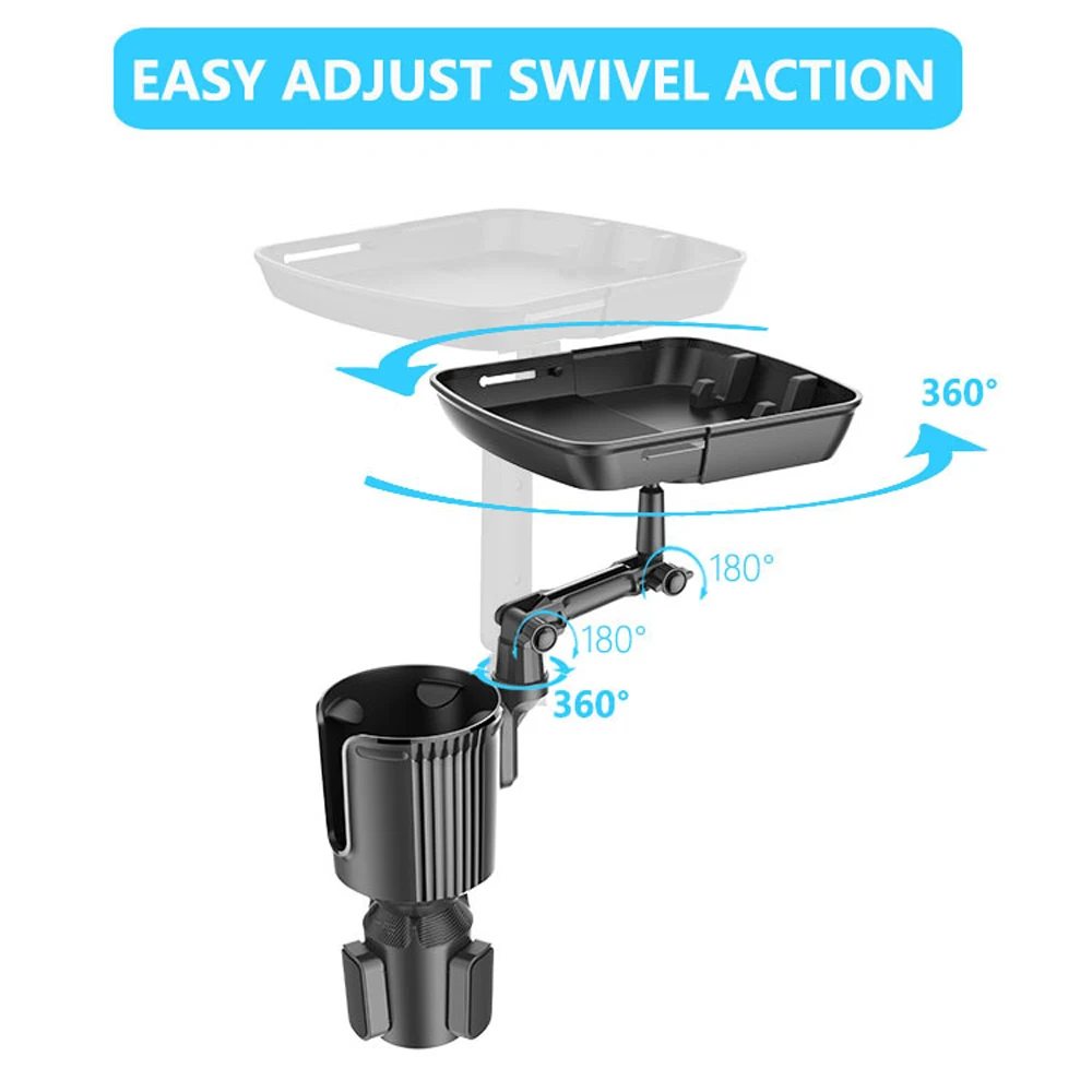 360도 회전 가능한 차량용 컵홀더 트레이 °   회전식 암 - 올인원 차량용 식판 및 컵 확장기 (스낵, 음료, 휴대폰 및 여행용)