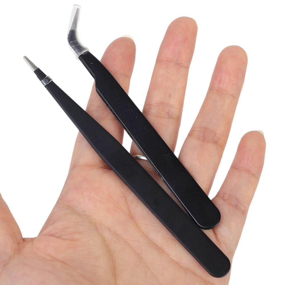10PCS Stainless Steel Eyebrow Tweezers Straight Curved Eyelash Extension Tweezer Black Color Nail Art Decor Makeup Tools Pick 2