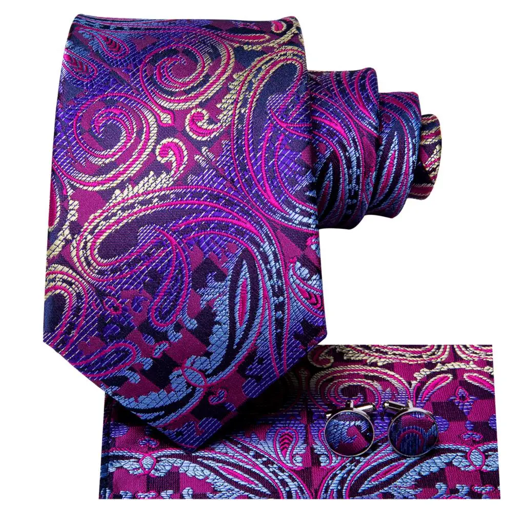 Hi-Tie Designer Purple Solid Paisley Silk Wedding Tie For Men Quality Hanky Cufflink Men Gift Necktie Set Fashion Dropshipping images - 6