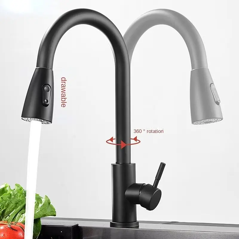 Kitchen Faucet Stainless steel single hole pull-out spout kitchen sink flow nozzle 360 ​​rotating cleaning
