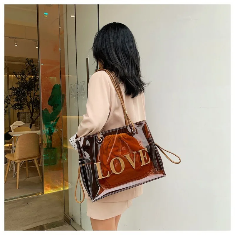 

Однотонные высококачественные сумки через плечо большого размера из искусственной кожи 2024, трендовая универсальная стильная прозрачная сумка-тоут высокого качества с надписью