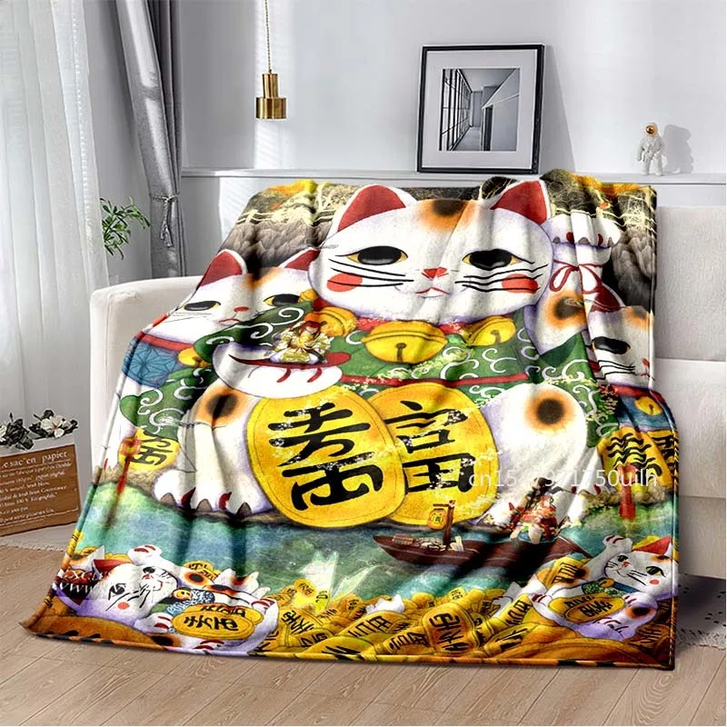 

Maneki Neko Lucky Cat Blanket Japanese Cartoon Kawaii Fortune Cat Art Printed Blanket Portable Home Travel Office Blanket