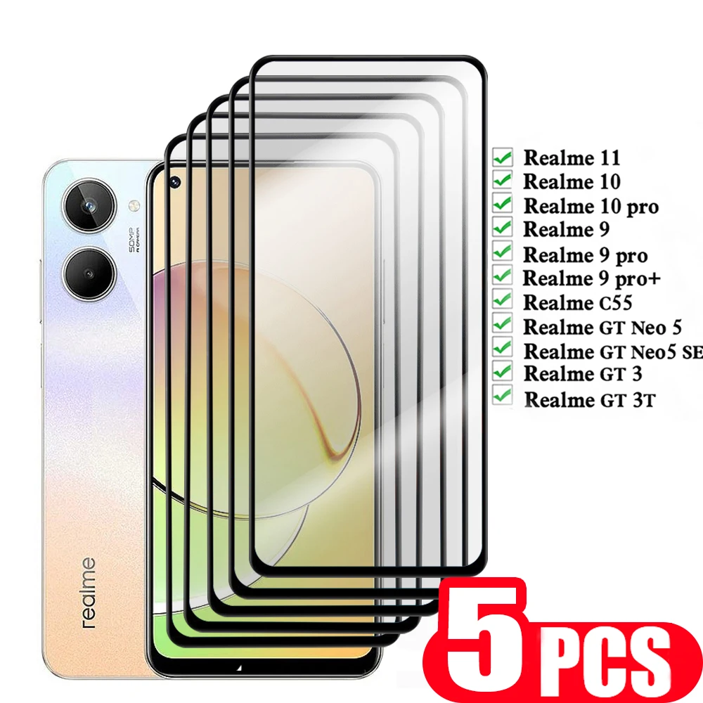 

5Pcs 9D For Realme C55 Tempered glass For Realme 11 10 9 pro plus GT Neo 5 SE 3 3T phone screen protector protective film Glass