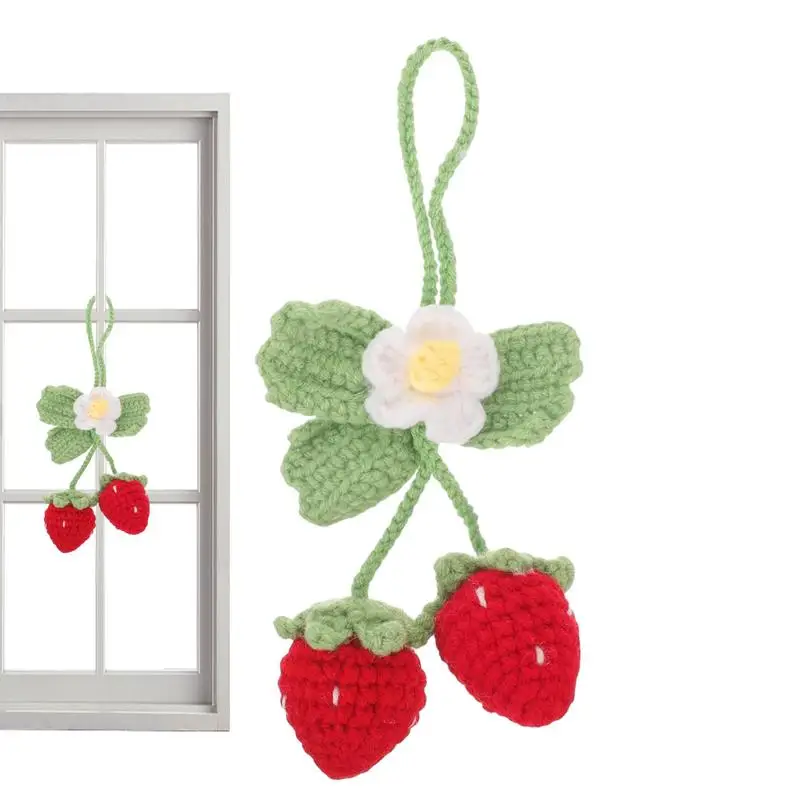 

Strawberry Car Mirror Decor Cute Handmade Knitted Strawberry Car Pendant Fruit Hanger For Rear View Mirror Accessories Car Gifts