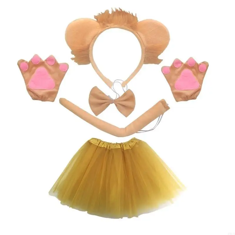 68UA 1/3/4Pcs Lion Costume Set Lion Ears Tail Bow Tutu Glove Animal Fancy Costume