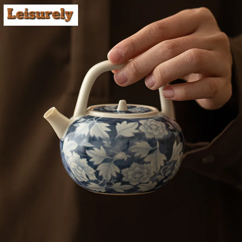 Soda Glazed Yuan Blue And White Ceramic Teapot Antique Tea Infuser Pot Tea Making Kettle With Filter Tea Ceremony Ornaments Gift