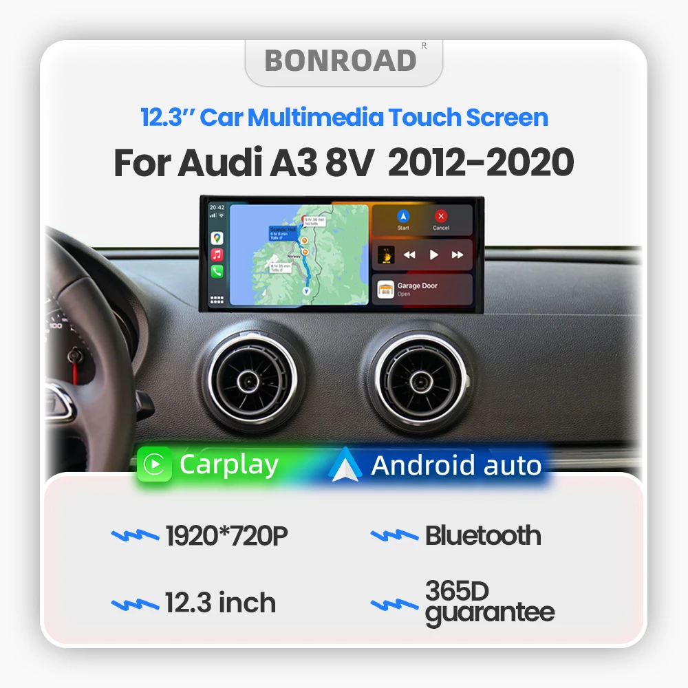 BONROAD Reproductor de radio para coche con CarPlay inalámbrico de 12,3 pulgadas, 1920*720P, pantalla táctil multimedia, Android Auto para Audi A3 8V 2012-2020 con AirPlay Auto Link, Bluetooth 5,0, navegación GPS 1