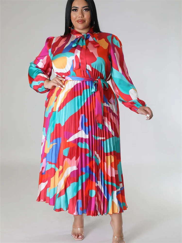 Wmstar Plus Size Dresses for Women Printed Tie Dye Fashion Long Sleeve Maxi Dress Hot Sale Wholesale Dropshipping with Bandage