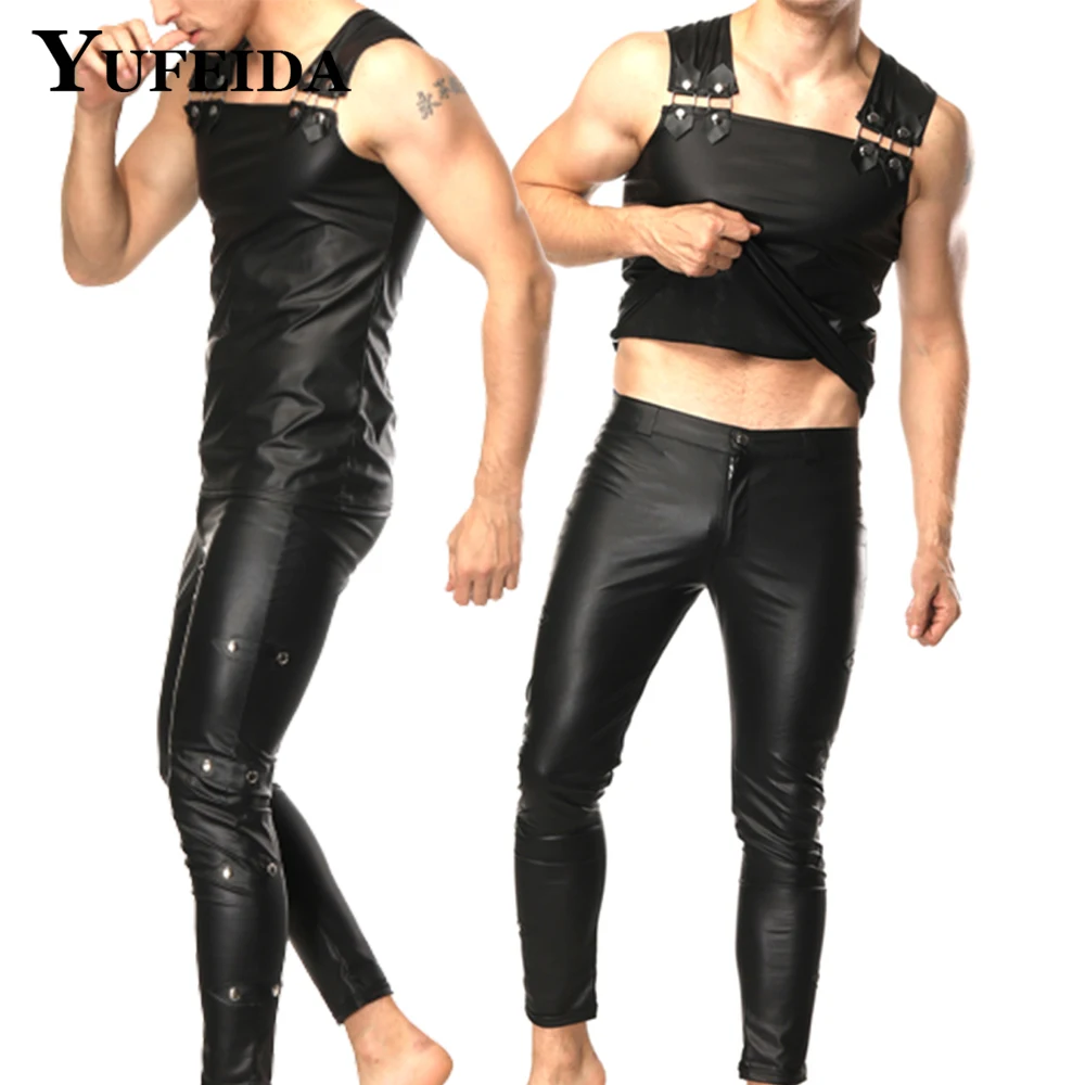 YUFEIDA Men's Faux Leather Tank Tops with Leggings Pants 2piece Set Sleeveless Vest Trousers Male Sexy Fetish Clubwear Costumes
