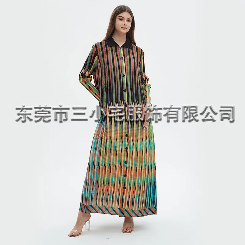 용수철 싱글 브레스트 플리츠 우아한 스트라이프 프린트 원피스 여성 가디건 재킷 의류, 2024 여름 신상