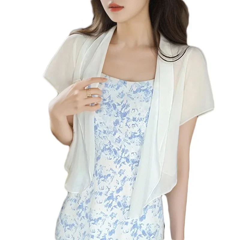 여름 여성용 반팔 자외선 차단 셔츠 얇은 쉬폰 가디건 짧은 스타일 스트랩 베스트 탑 에어컨 셔츠