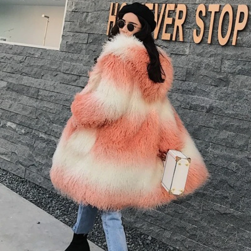 2023 Autumn Winter New Women Gradient Color Faux Fur Coat Soft Long Parkas Female Fashion Casual Hooded Thicken Warm Outwear