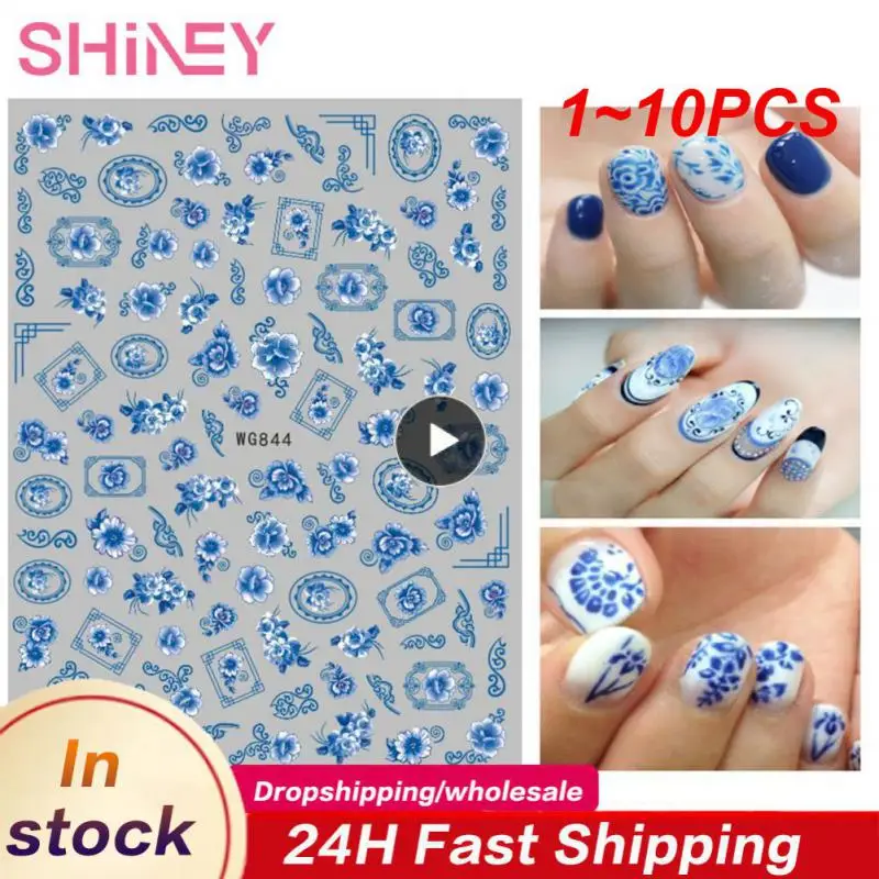 

1~10PCS Blue and white porcelain nail enhancement sticker chinese Retro style women nail decoration back glue nail decal