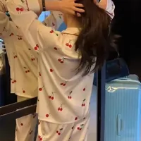 2023 Spring Autumn New Ice Silk 2 Pieces Pajamas for Women Fashion Cardigan Women's Pajamas Sweet Printing Loungewear Women Set - Image 3