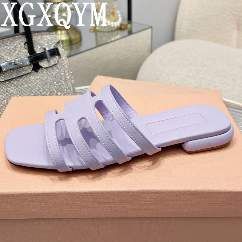 

2023 Summer New Hollow Flat Heels Casual Slippers Women Real Leather Square Peep Toe Slippers Women Outside Beach Sandals Shoes