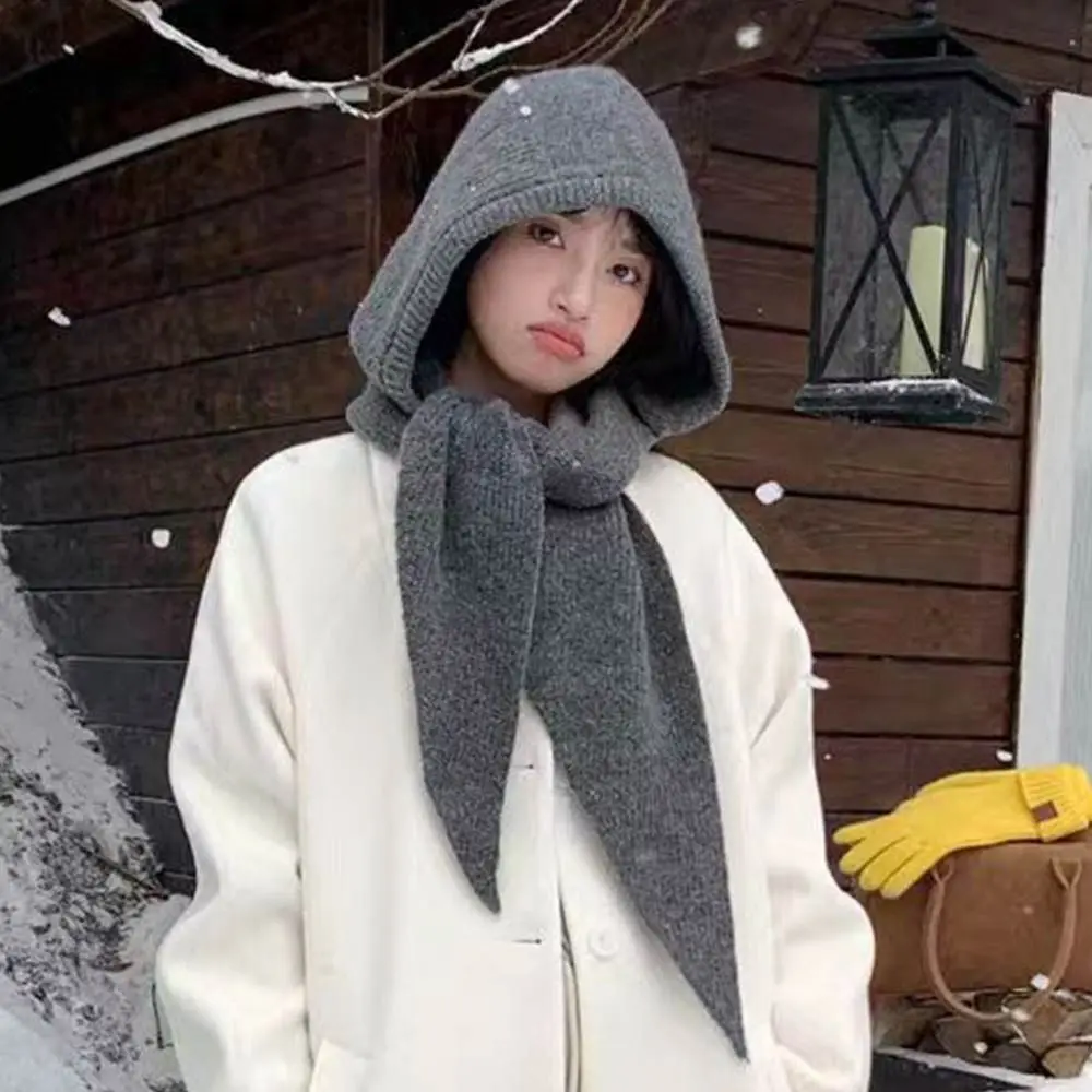 Knitted Winter Balaclava One-Piece Thickened Ear Protection Cap Winter Accessories Hooded Hat Ski Beanie Cold Weather