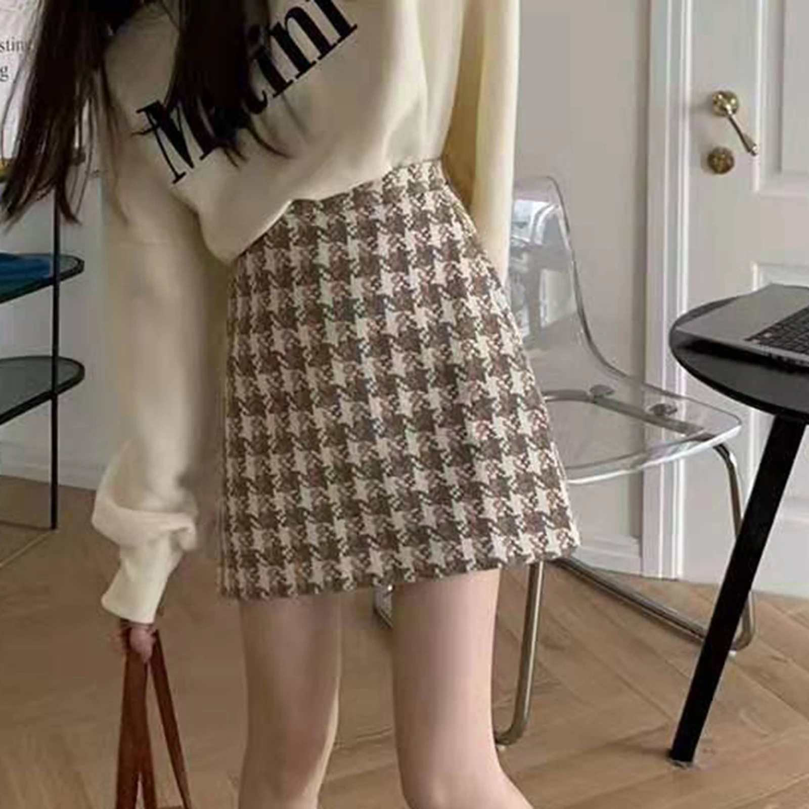 

2024 Spring Autumn New Women Woolen Blend Plaid Skirt High Waisted Slimming Fit Mini Skirt Vintage Casual A-line Short Skirt