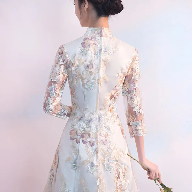 Novelty Lady Embroidery Flower Chinese Lace Dresses Elegant Mandarin Collar Qipao Short Skirt A-Line Wedding Party Gown