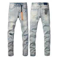24FW KSUBI High Street Fashion Brand Light Blue Washed White Ripped Jeans American Men's Street Wear Stretch Slim Low-rise Jeans 1