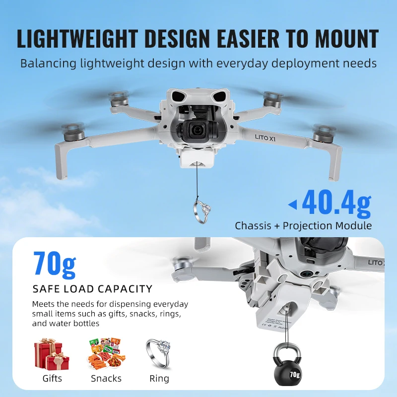 Système de largage aérien 12 km pour DJI Lito 1/X1 - 40g, 70g charge