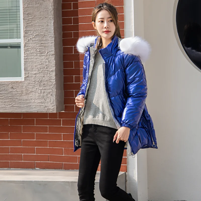 2022 new Winter Glossy Jacket For Women blue Parka Female Bread Winter Down Parkas Parka Cotton Padded Shiny Waterprooft Coat