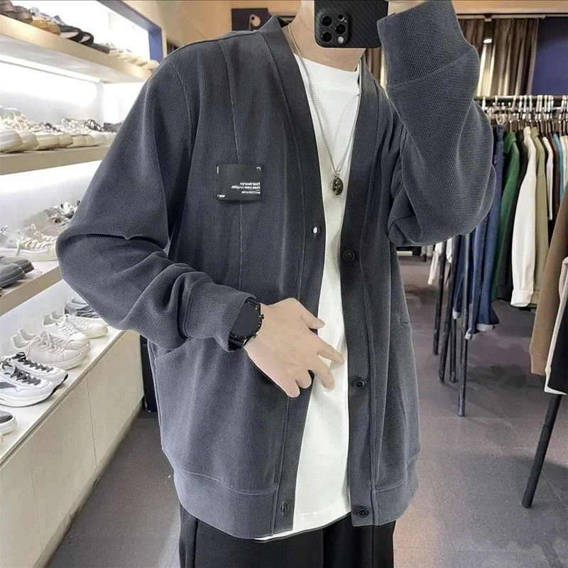 Description Picture 3 of itemNo Hoodie Black V Neck Men's Clothing Cardigan Knit Sweater Male Loose Fit Free Shipping Y2k Vintage Korean Style New in Overfit