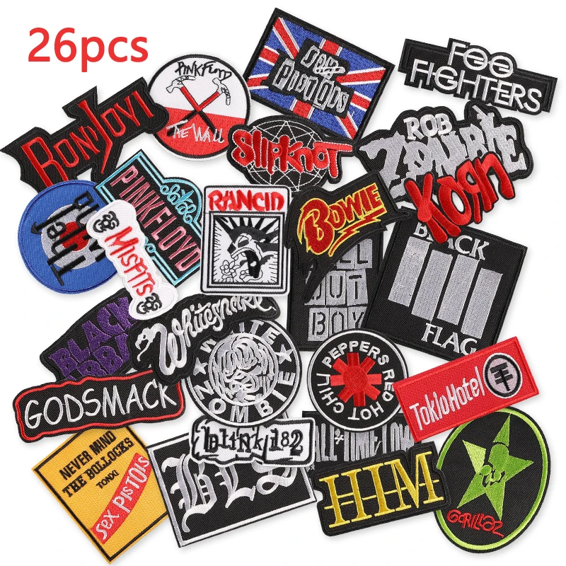 26pcs embroidered iron-on band logo patches – Foo Fighters, Blink-182, Slipknot, Gorillaz, and more on grey background