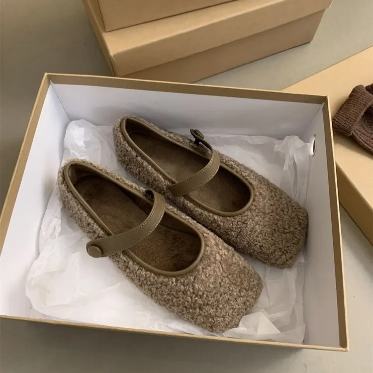 Square Toe Cosy 2026 Ballet Flats Woman Warm Teddy Fur Mary Jane Shoes Ladies Brand Design Elegant Fluffy Plush Loafers