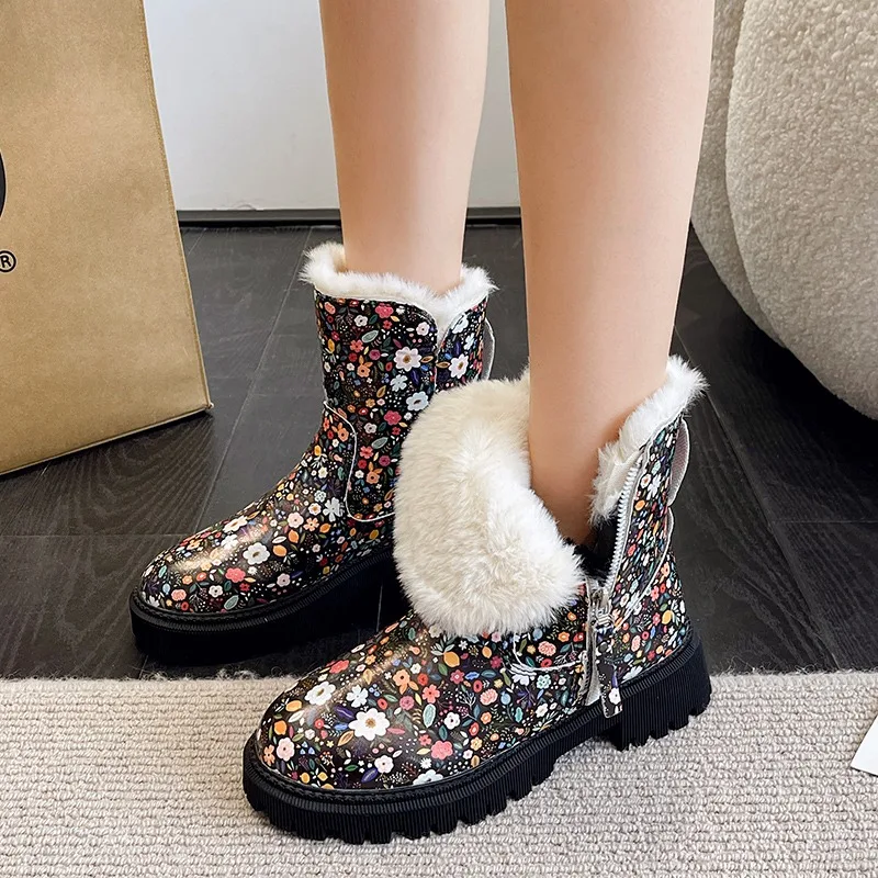 

Женские ботинки на молнии сбоку, теплые модные повседневные ботинки до середины икры, женские ботинки с принтом и круглым носком, обувь на каблуке, 2023