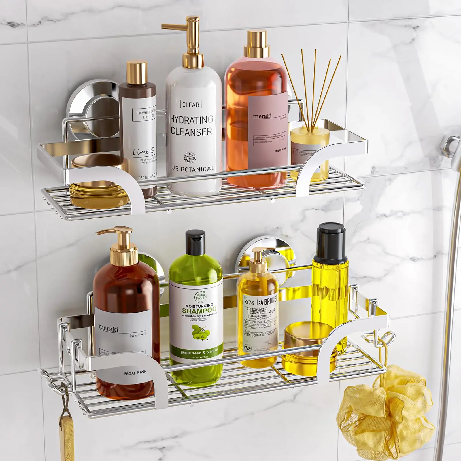 Shower Caddy Suction Cup 2PCS Shower Shelves Metal Storage NO-Drilling Bathroom Shelf Organizer