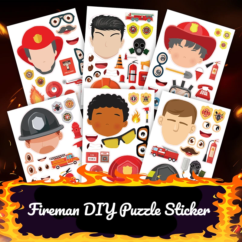 

6Pcs/set Cartoon Fireman Engineering Vehicle Jigsaw Sticker Series Puzzle Sticker Boys Like Style Children Education DIY Sticker
