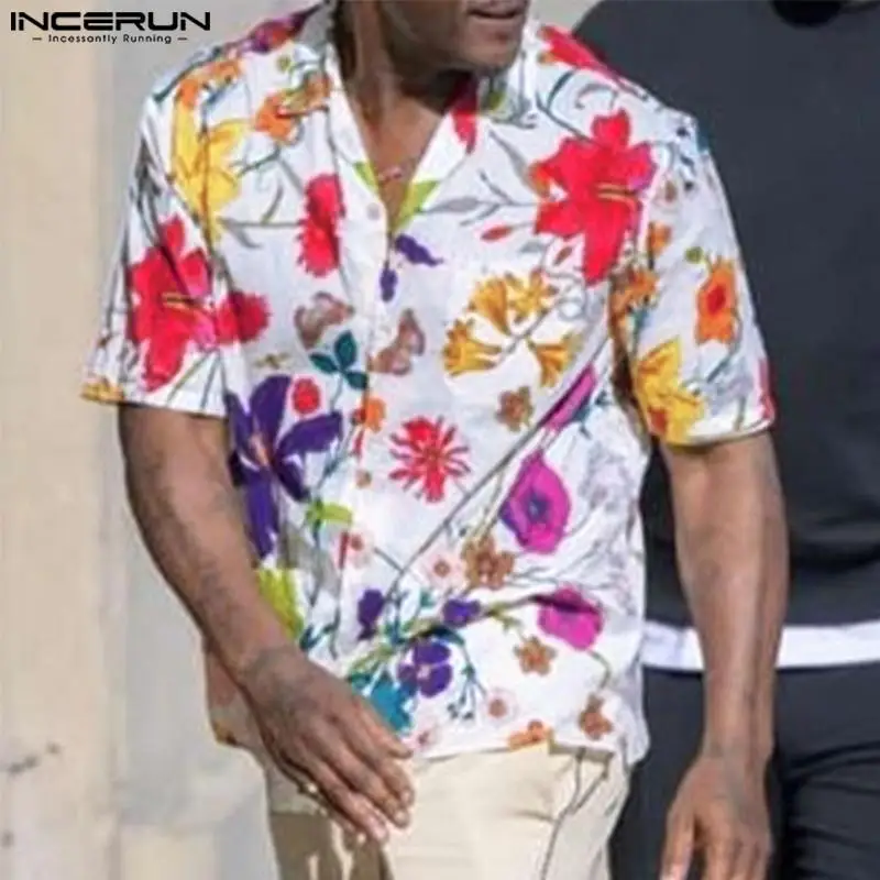 

Гавайская рубашка INCERUN мужская с цветочным принтом, короткий рукав, отложной воротник, летняя одежда, свободная уличная одежда для отпуска, Повседневная Блузка