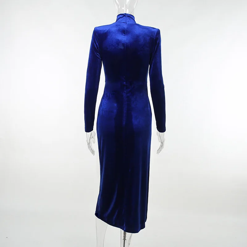 Mesh Patchwork Bodycon Maxi Dress For Women Blue Autumn Winter New Turtleneck Long Sleeve Split Dress Elegant Clothes