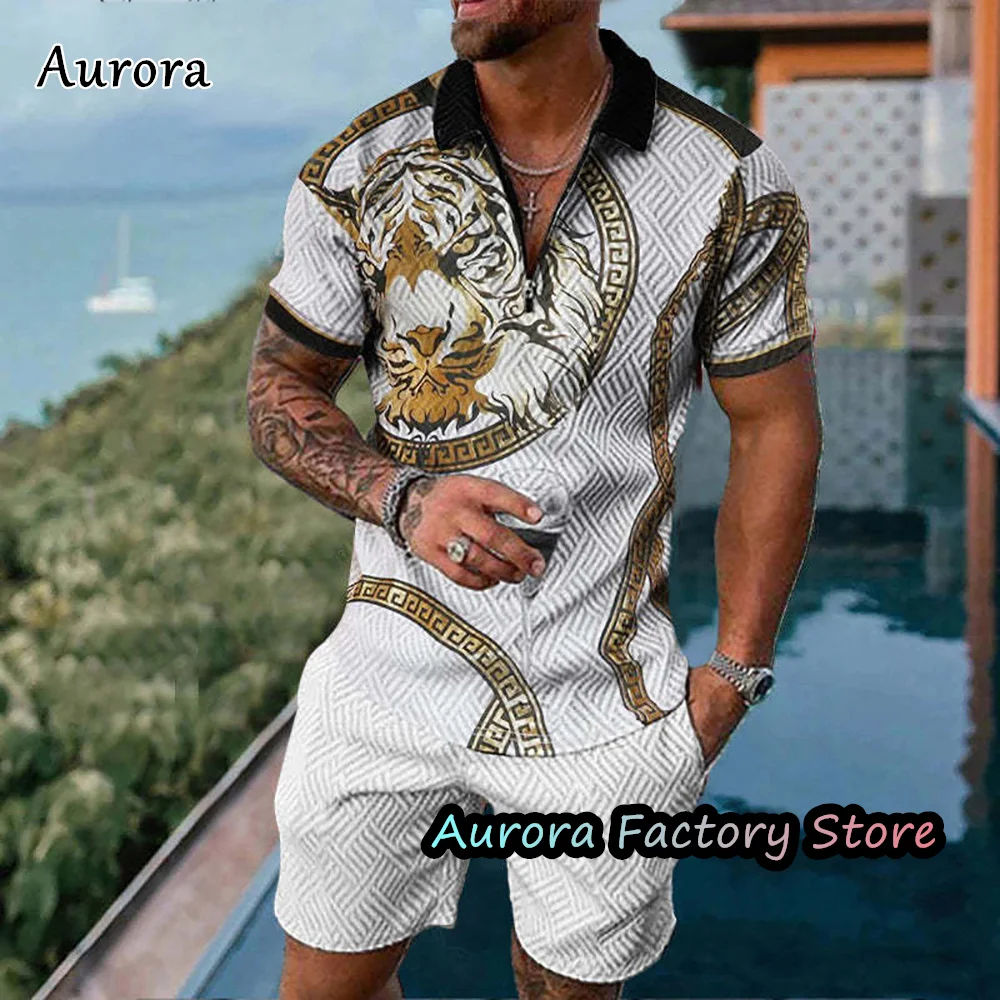 Summer Men's Luxury Polo Shirt Shorts Suit Fashion Trend Tracksuit 2 Pieces Vintage Tiger Print Outfit Set Male Casual Clothing