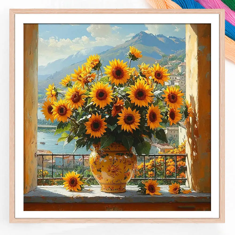 Sunflower Embroidery Cross Stitch Kit - Handmade Needlework Set with Printed Canvas