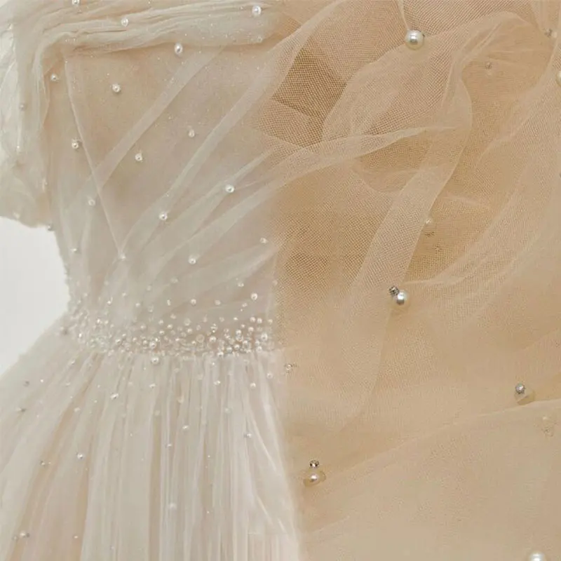 Imitation Pearls Soft Tulle Mesh Fabric Beading Lace DIY Sewing for Party Wedding Dress Curtain Romantic Background Decoration