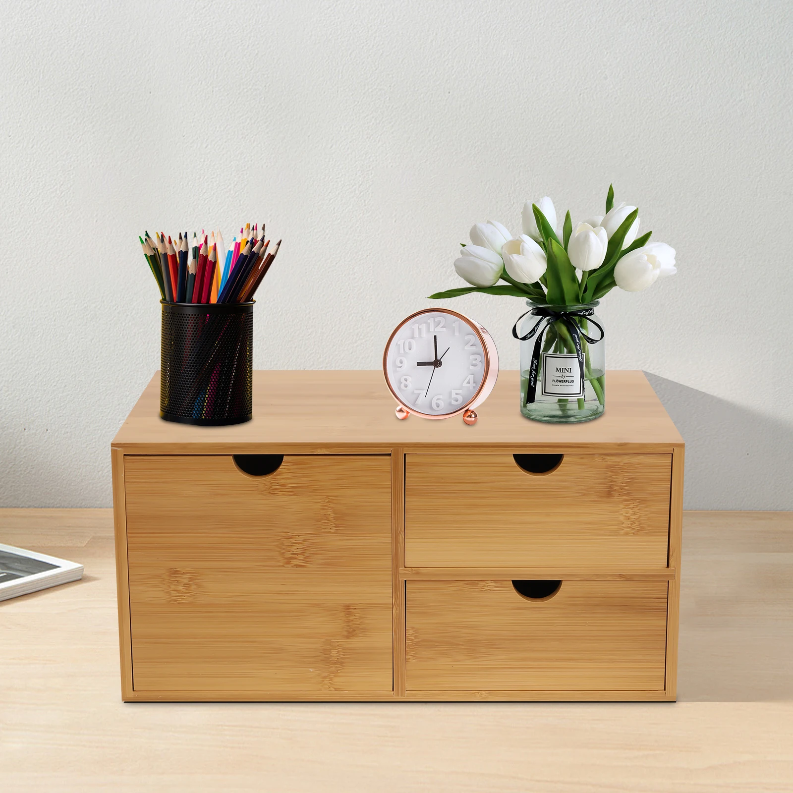 Desk Organizer Mini Bamboo Desk Organizer Drawer Desktop Storage Organizer for Office Home Toiletries, No Assembly Required 5