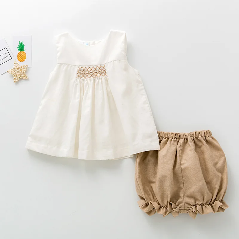 

Girls Clothes Summer New Sleeveless Shirt and Solid Shorts Two Piece Set Cotton British Style All-match Fashion Lovely and Sweet
