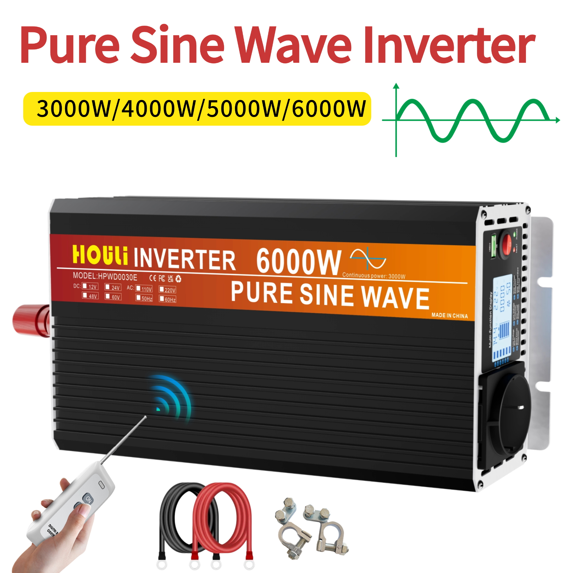 Houli Pure Sine Wave Power Inverter for Vehicles Car RV,DC 12v to AC 220v Inversor with LCD Display and Remote Control