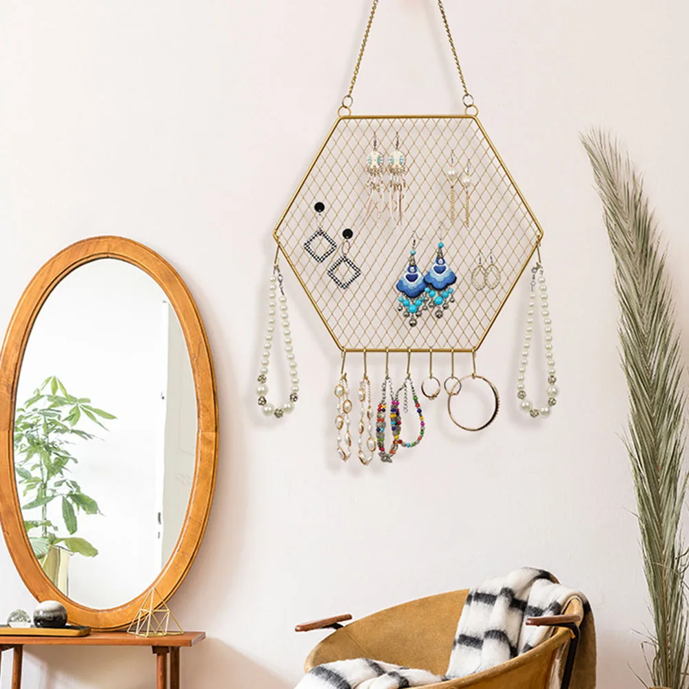 Metal Grid Hexagon Shaped Wall Shelf Earring Jewelry Organizer Bracelet Necklace Ring Ear Stud Display Rack With Storage Hook 12 in 1 adhesive paste wall hanging storage jewelry hooks jewelry display organizer earring ring necklace hanger holder stand