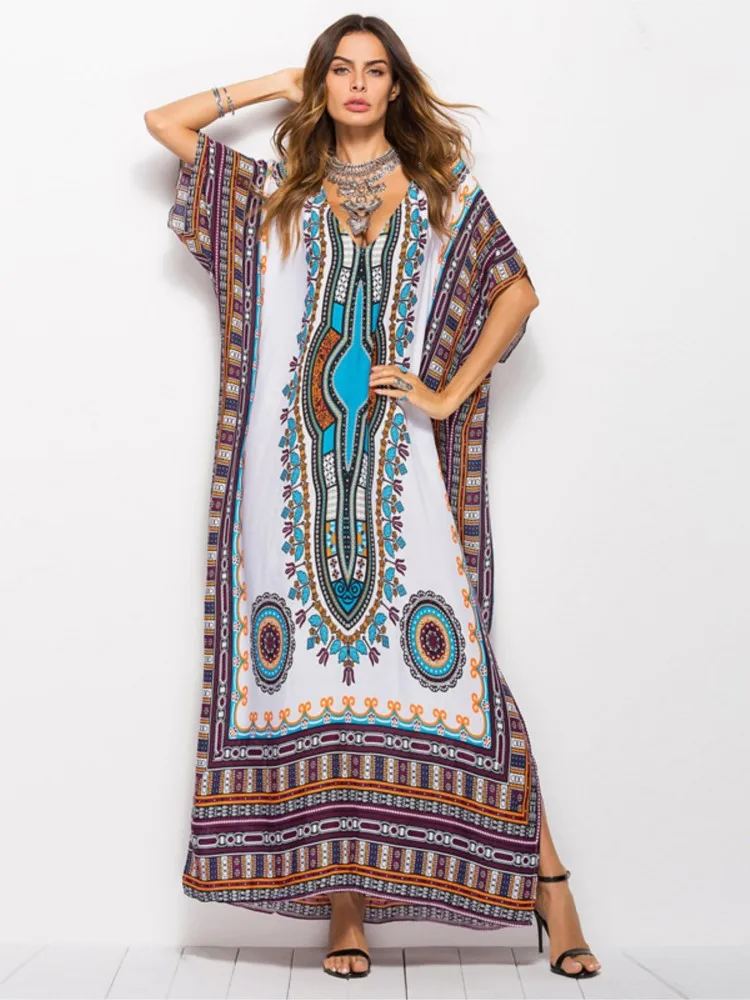

Long Print Kaftan Maxi Dress Loose Womens Tunics Summer Boho Dress V-Neck Caftan Jilbab Holiday Beach Night Gown Plus Sundress