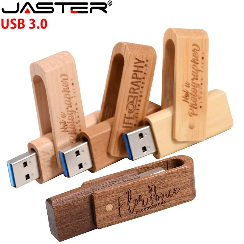 JASTER USB 3.0 레이저 조각 로고 맞춤형 나무 회전식 Usb 플래시 드라이브 Pendrive 4GB 8GB 16GB 32GB 메모리 스틱 선물
