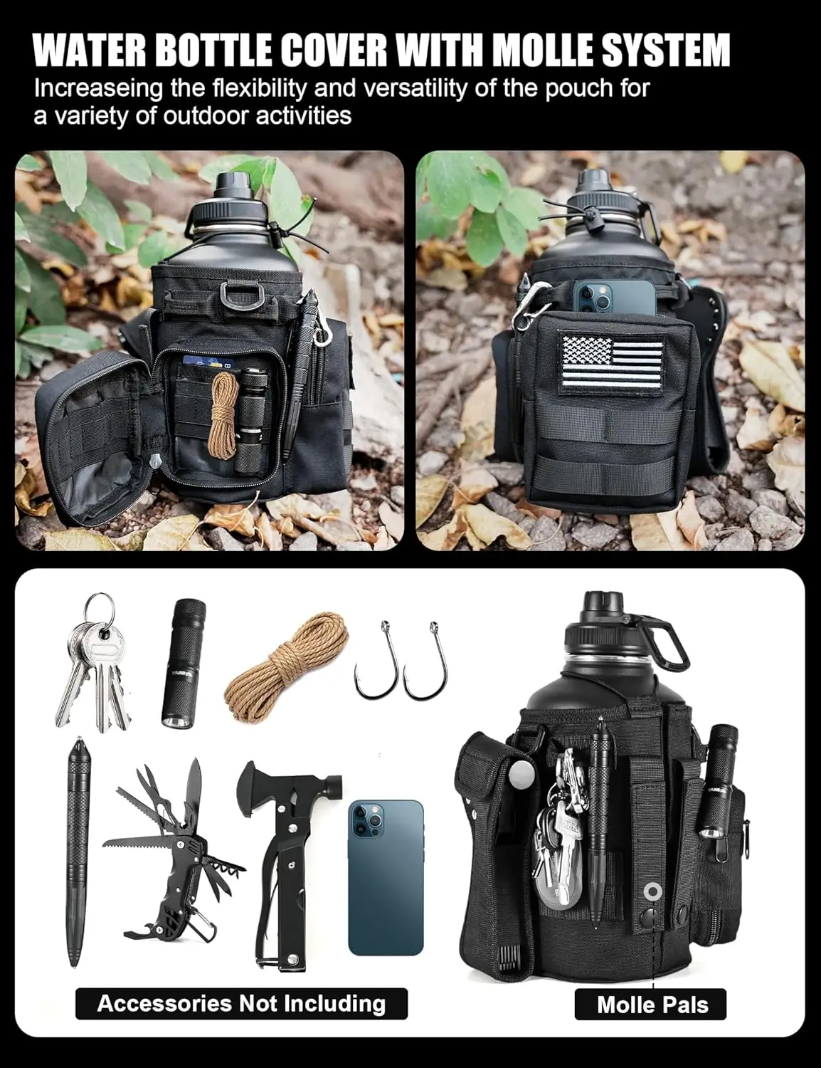 Tactical 64 Oz Insulated Water Bottle with Straw, Stainless Steel Sport Bottle, BPA Free, 3 Lids, Molle Compatible (Black)
