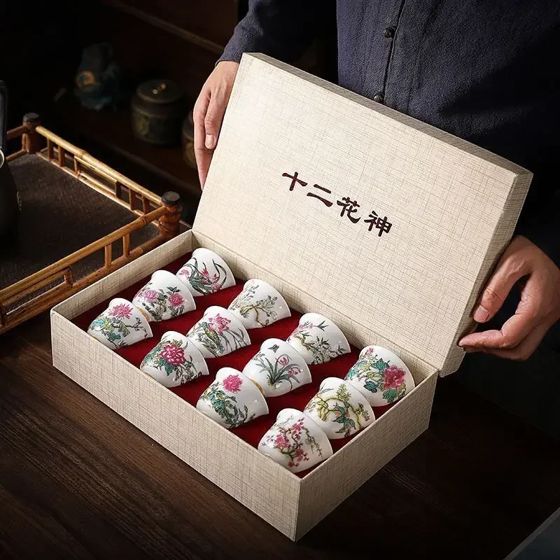 Kung Fu Tea Cup Twelve Flower Gods Set Enamel Pastel Ceramics 12 Pieces Gift Box Host's Ceramics & Pottery Chinese Teaware Bar