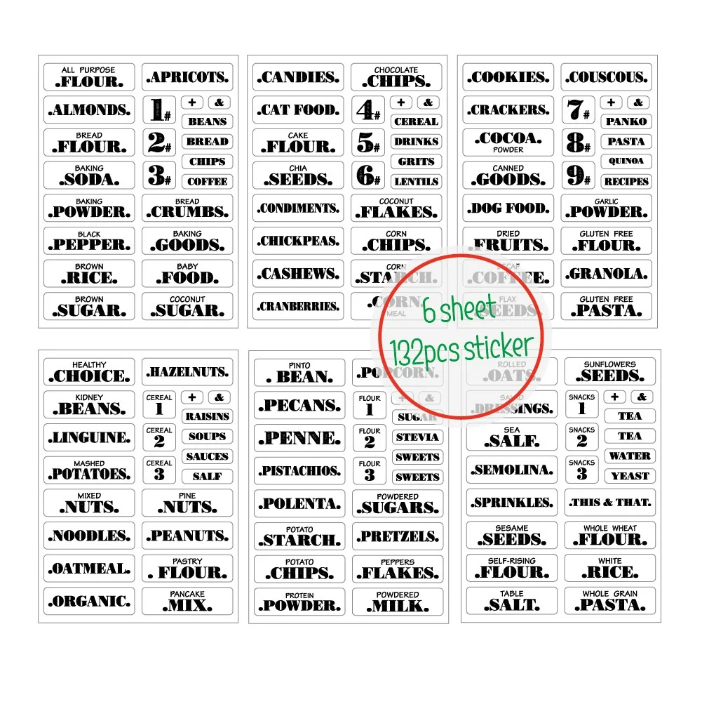 Label Stickers Stickers 6 Sheets Spice Labels Printed Waterproof Transparent Self Adhesive Pantry Food Sticker Kitchen Jar 132pcs